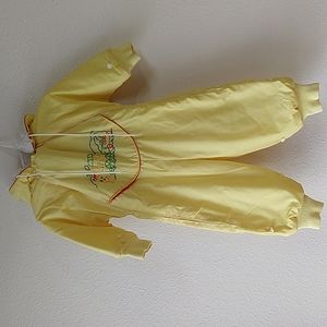 Vintage 70s Children's Bunting Jumpsuit Romper Hooded Yellow Embroidered